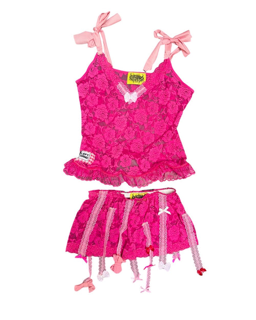 stretchy hot pink lace bow set