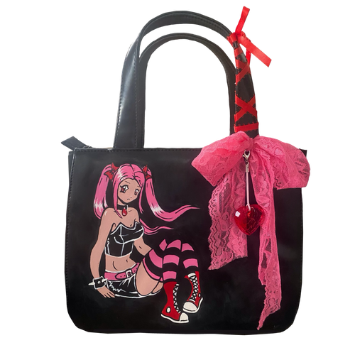 pink handprinted anime girl purse