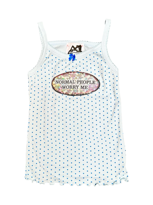 blue worried polkadot tank
