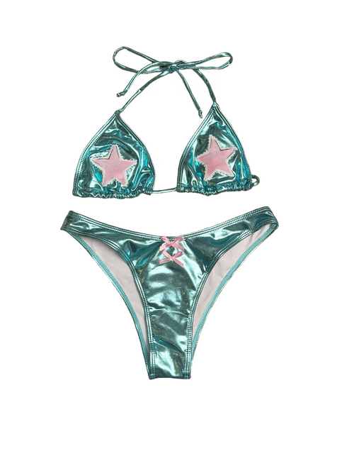 shiny teal and pink star bikini