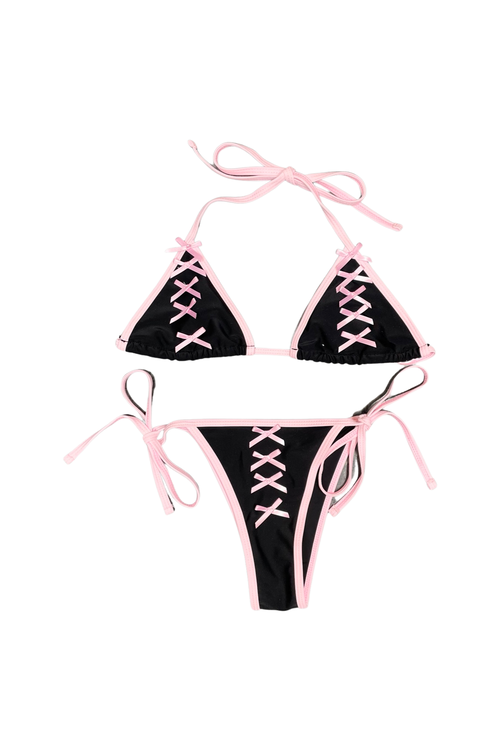 pink+ black bow bikini
