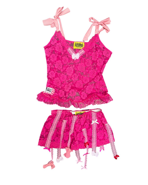 stretchy hot pink lace bow set