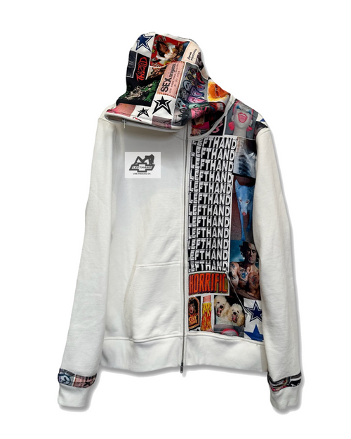 white all over patch full zip up hoodie