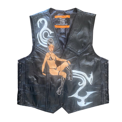 handprinted babe alert leather vest