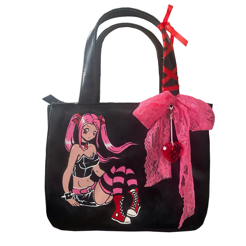 pink handprinted anime girl purse