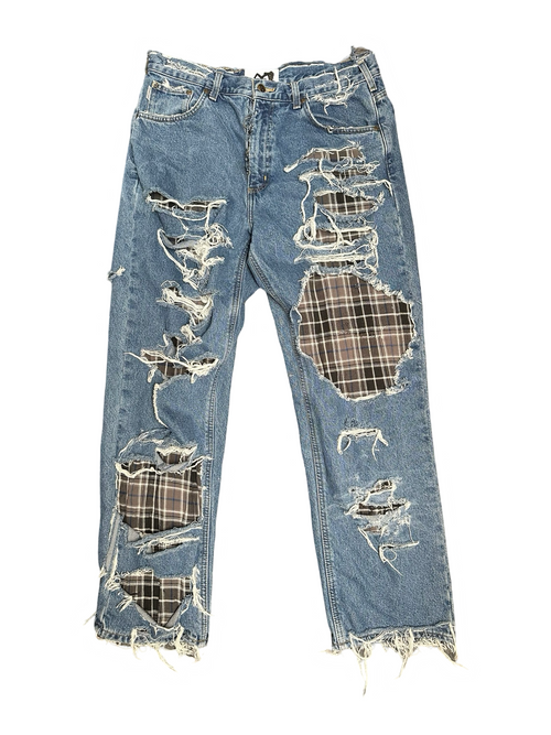 distressed flannel denim jeans