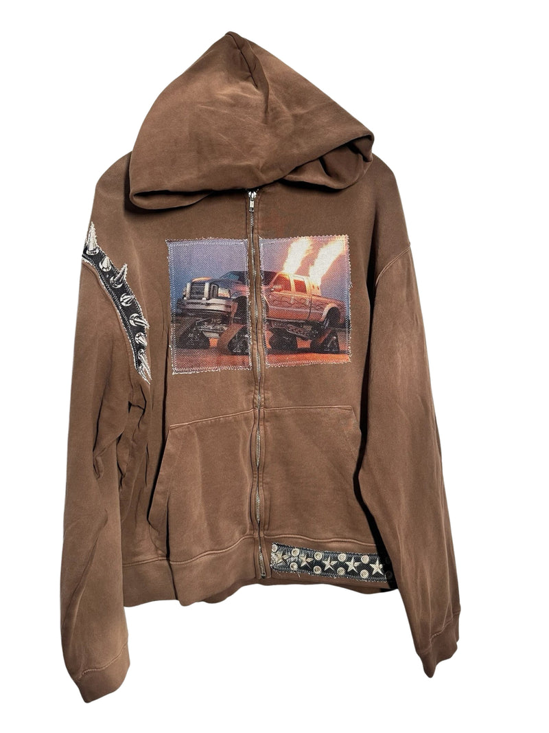 brown monster truck zip up hoodie