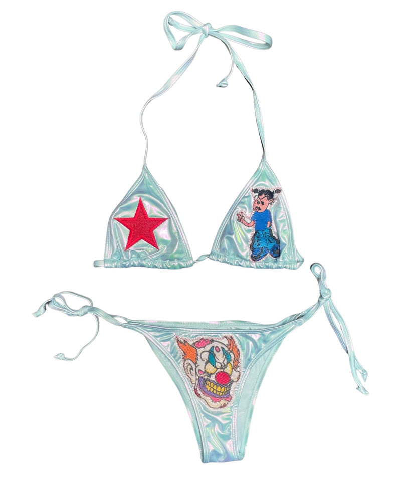 bb blue metallic clown bikini
