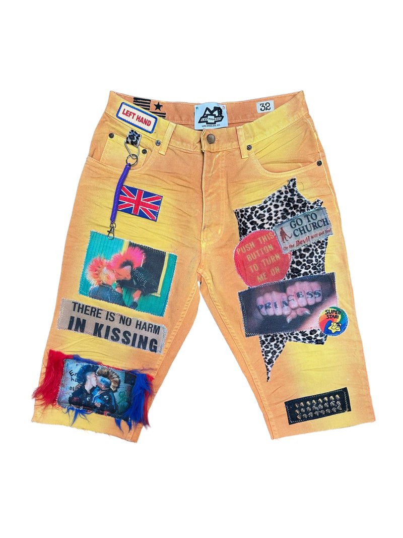 no harm is kissing yellow denim shorts