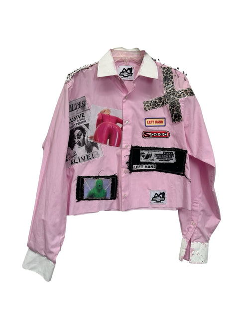 pink speed cropped button up