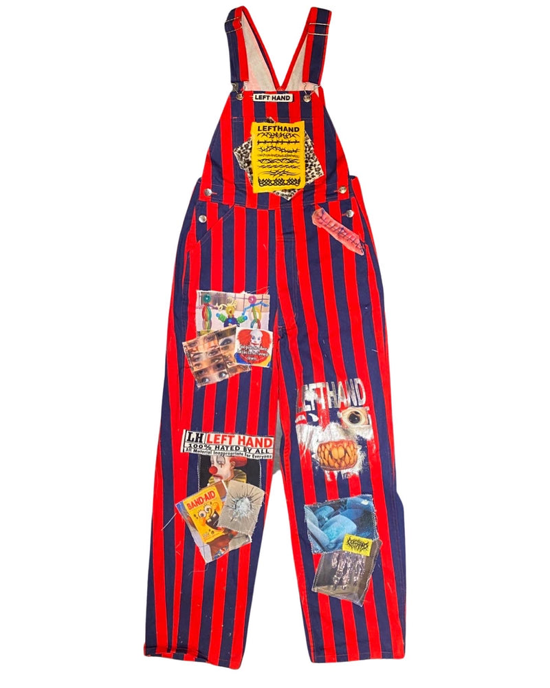 red and blue striped overalls