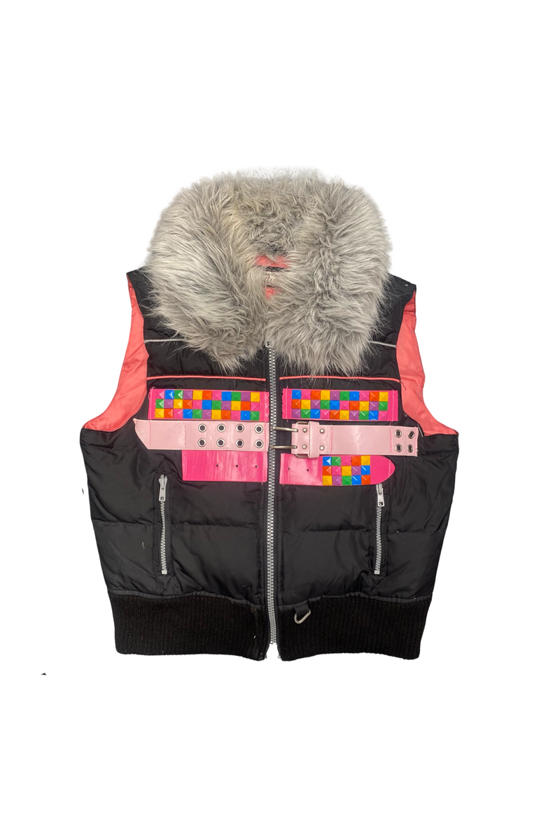 pink belted puffer vest