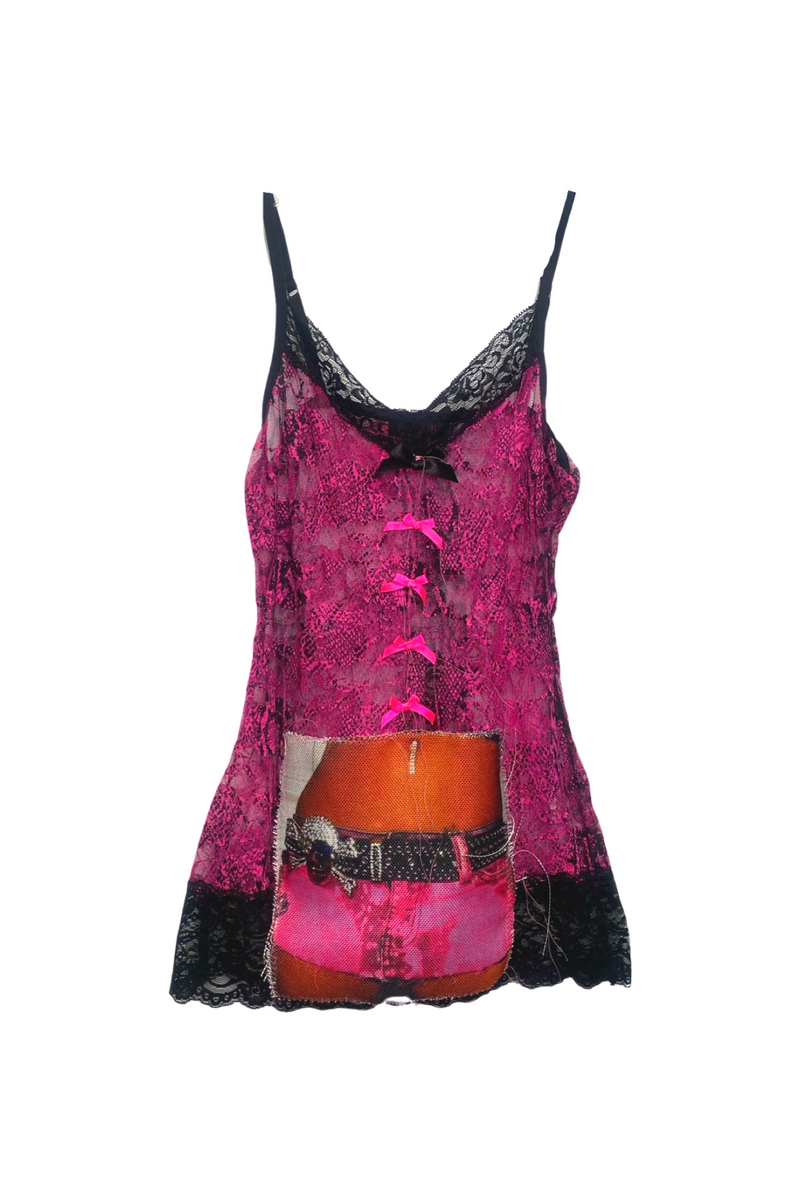 pink and black skull belted tank