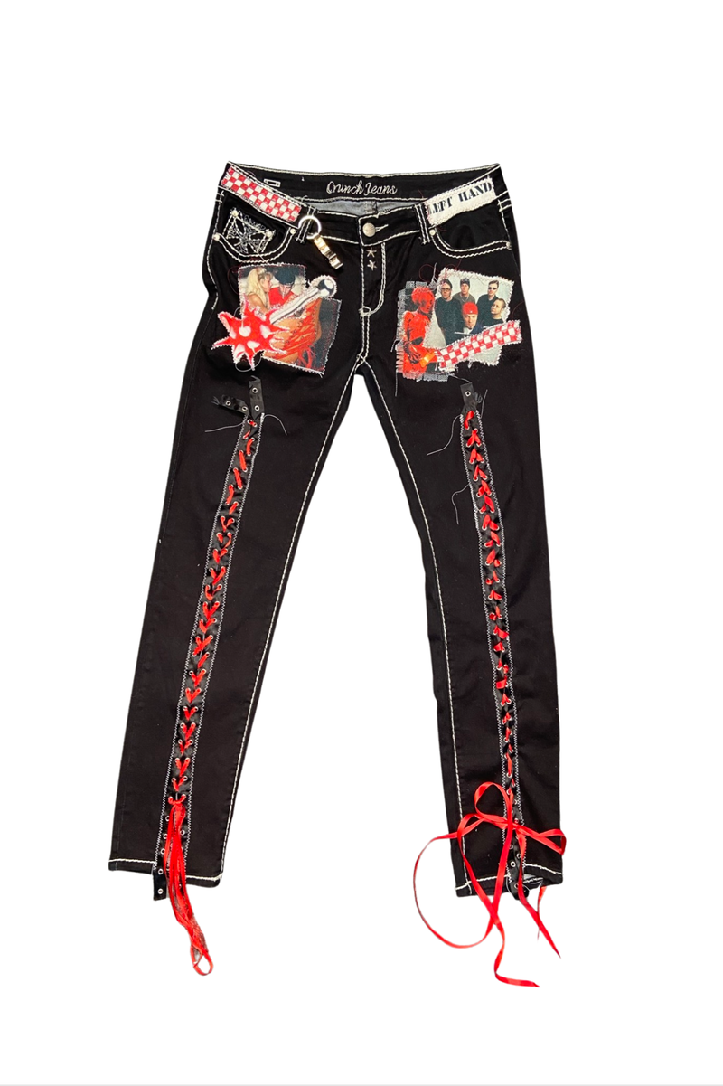 red and black lace up jeans
