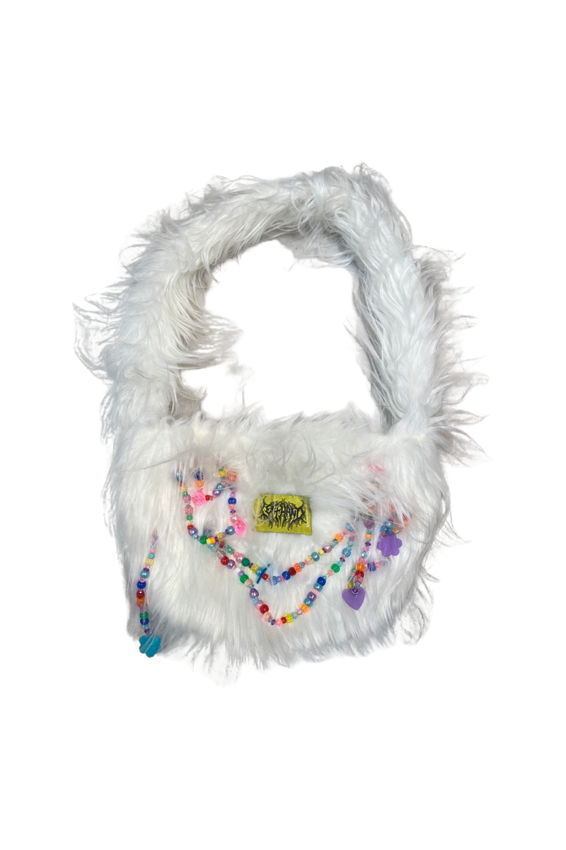fuzzy white beaded purse