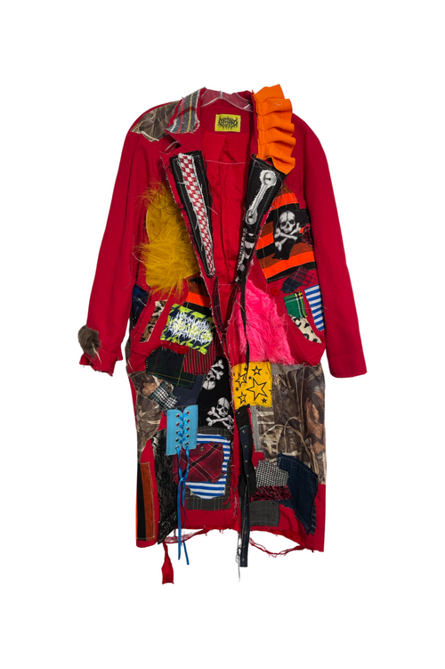red scrap fabric trench coat