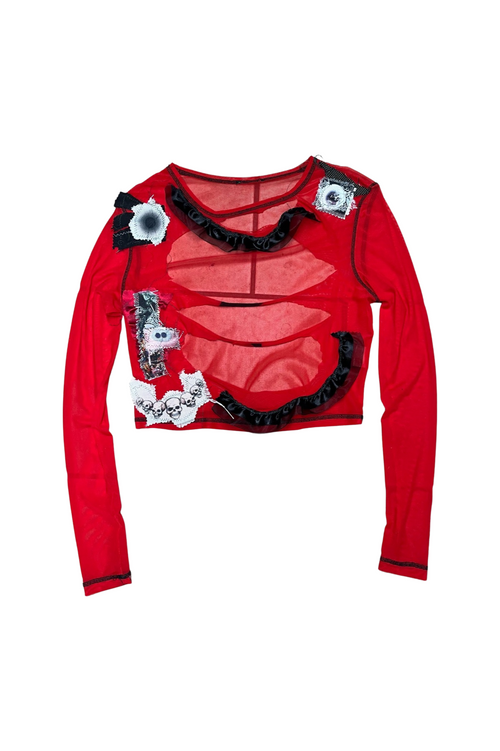 happy ending red mesh cutout top