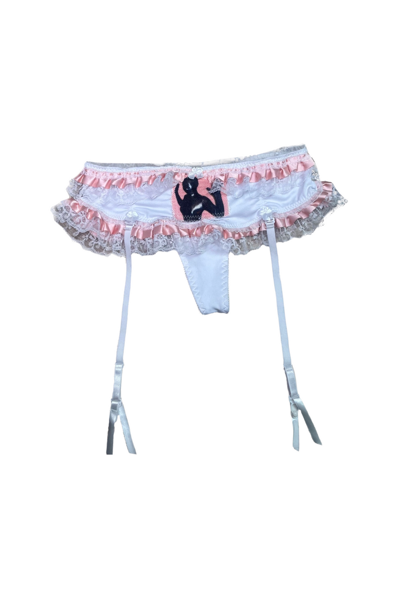 happy ending pink ruffle gimp garter