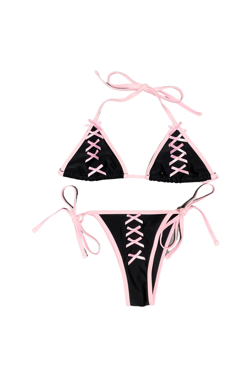 pink+ black bow bikini