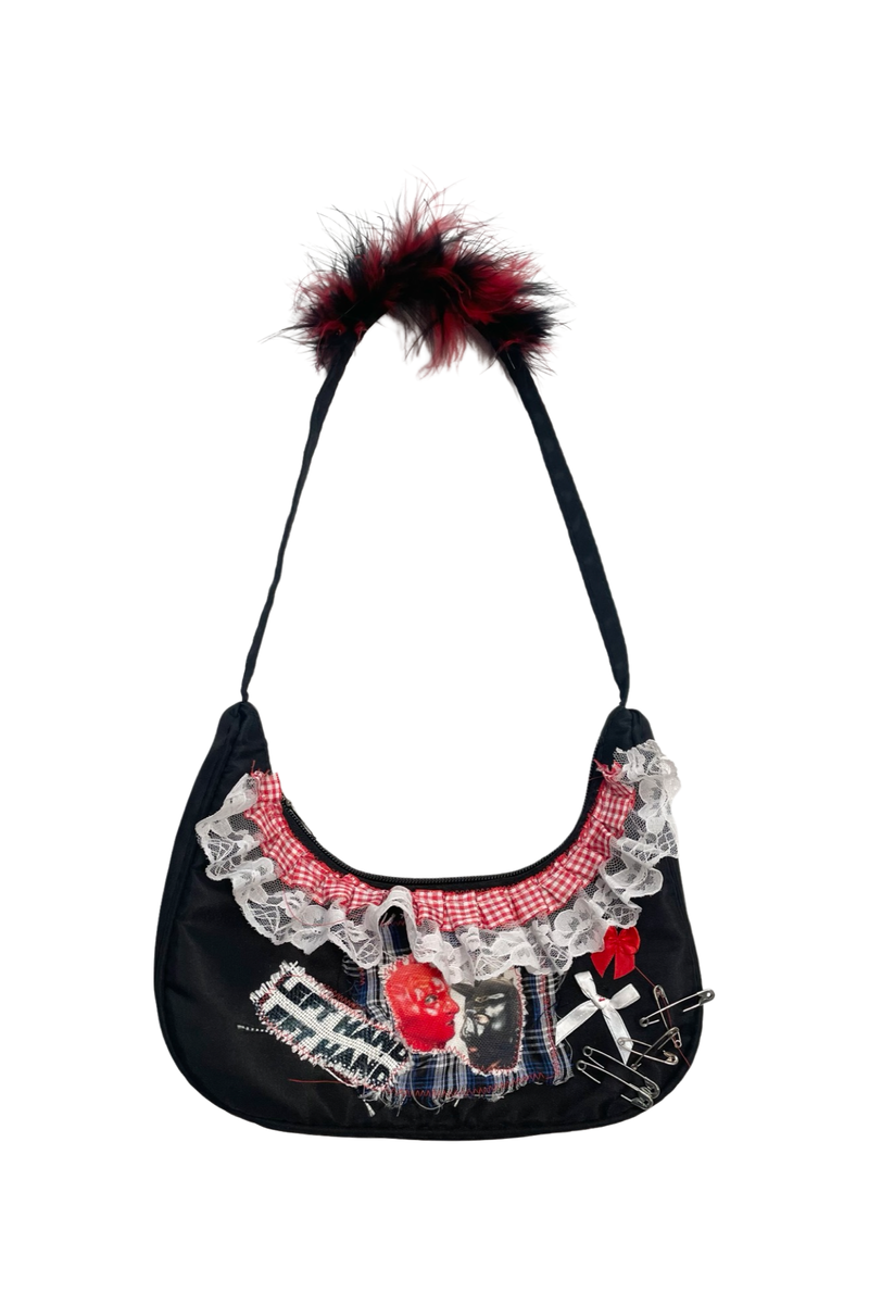 black/ red fuzz purse